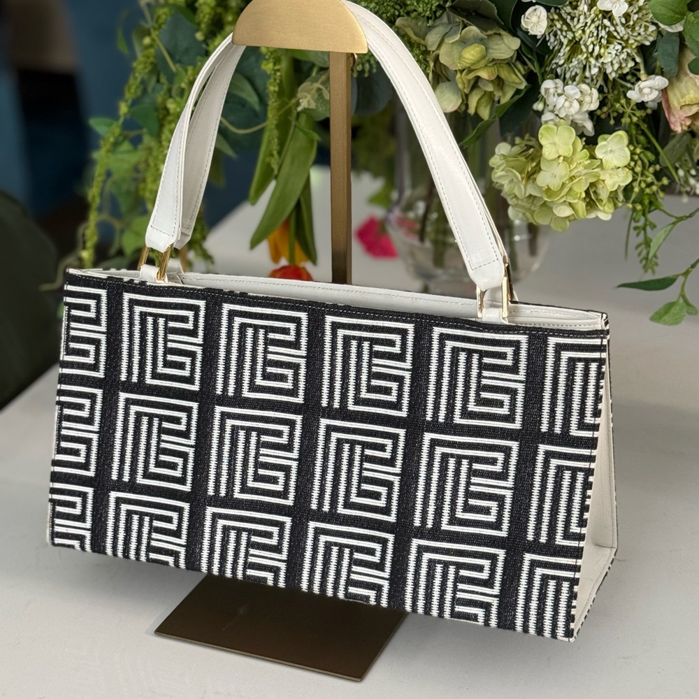 Balmain Black and White Geometric Monogram Satchel